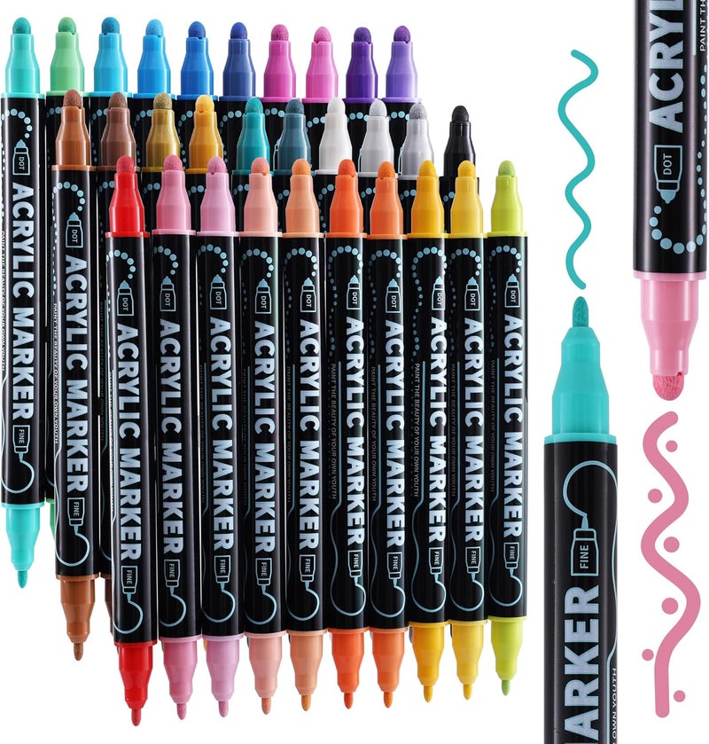 nauets 30 Colors Waterproof Dual Tip Acrylic Paint Markers, Premium Dot & Fine Tip Coloring Paint Pens Set for Paper, Rock, Wood, Fabric, Canvas, Glass, Ceramic and DIY Crafts Art Supplies - Image 1